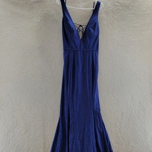 LEENA for Mac Duggal Plunge Neck Lace-Up Back Gown Women's 10 Sapphire